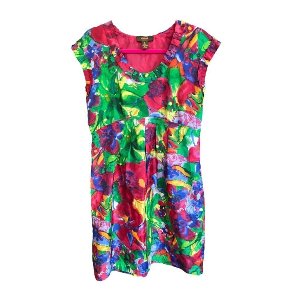 VICTOR ALFARO Dress Size 6 SILK Knee Length Multicolor Floral Cap Sleeve Lined